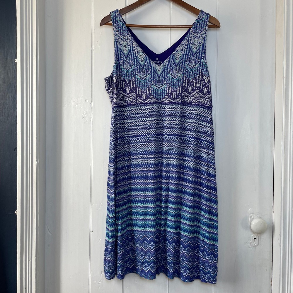 Athleta Women XL Blue Green Print V Neck Sleeveless Midi Dress Casual Boho